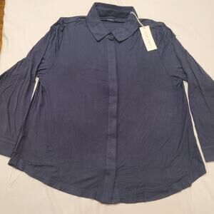 Cozy Earth Shirt Womans Large Blue Bamboo Stretch-Knit Long Sleeve Button NEW